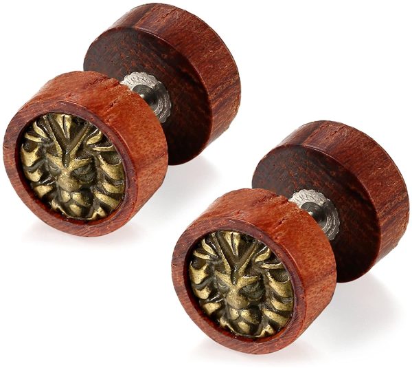 Flongo Boucles d’Oreilles Acier Inoxydable Bois Rétro Arbre de Vie Lion Tête Fantaisie Clous d’Oreilles Couleur Marron pour Homme Femme – Image 6