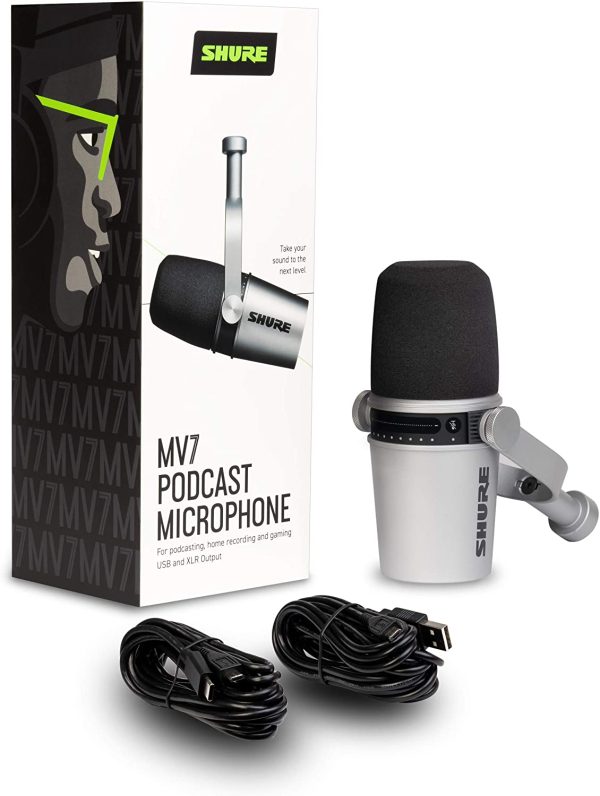 Shure Mv7 Microphone Dynamique Usb/Xlr pour Podcast, Enregistrement, Streaming et Gaming Live, Sortie Casque Intégrée, Entièrement En Métal, Technologie Voice Isolation, Certifié Teamspeak - Argenté