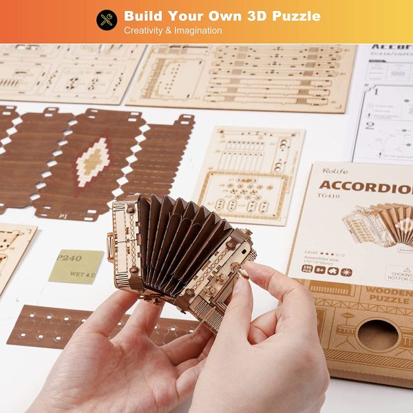 Rolife Puzzle 3D Maquette en Bois a Construire Instruments de Musique pour Adulte Enfants, Accordéon Kits de Modèles de Bricolage Construction Jouet (Accordion) – Image 3