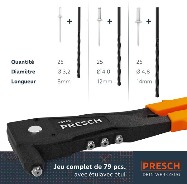 Presch pince à rivet pour rivets aveugles - 79 pièces en coffret - Avec 75 rivets, forets HSS adaptés et clé de montage avec outil de calibrage - Pince a riveter manuelle – Image 6