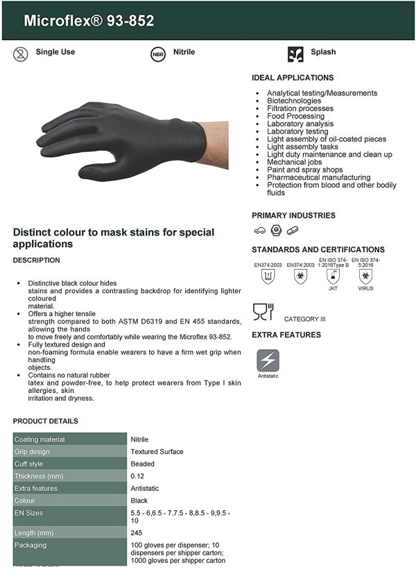 Microflex 93-852 Gants Jetables pour Usage Mécanique, Médical et Soins à la Personne, Certifié Examen, Noir, Taille M (7.5-8) (100 Gants) – Image 2