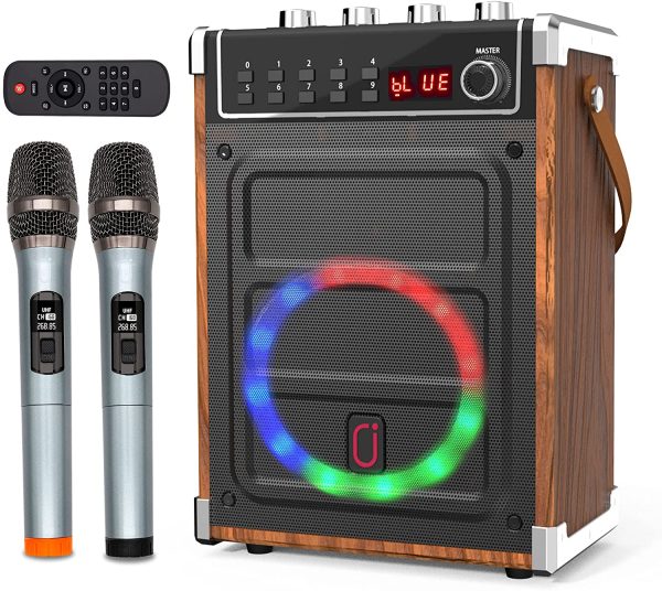 JYX Karaoke Machine with Two Wireless Microphones, Bass/Treble Adjustment and LED Light, Support TWS, AUX in, FM, REC, Supply for Party/Meeting/Wedding - Brown