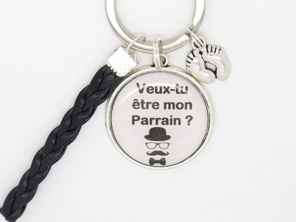 Porte Clés Personnalisable Cadeau pour un Parrain lors d'une Naissance Baptême Veux tu Etre mon Parrain Chapeau Moustache – Image 3