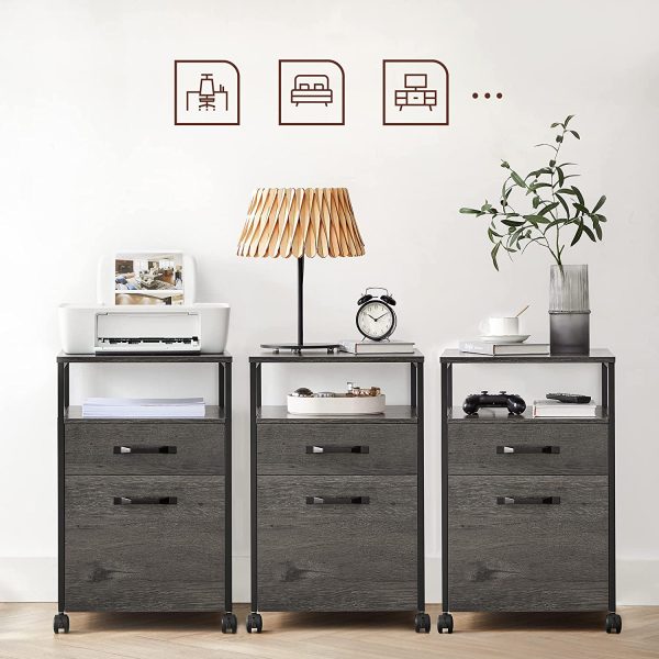 Caisson de Bureau 2 tiroirs, Placard de Rangement Mobile, avec roulettes, Emplacement Ouvert, Style Industriel, Gris Anthracite et Noir OFC071B04 – Image 4