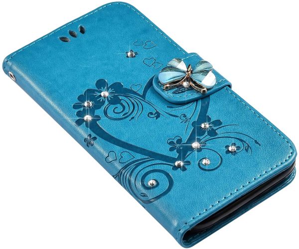 Coque Samsung Galaxy A40 Pochette Portefeuille en Cuir,Luxe Glitter Diamant Cœur Motif Coque à Rabat Magnetique PU Housse Etui de Protection Stand Flip Case pour Galaxy A40,Bleu – Image 3