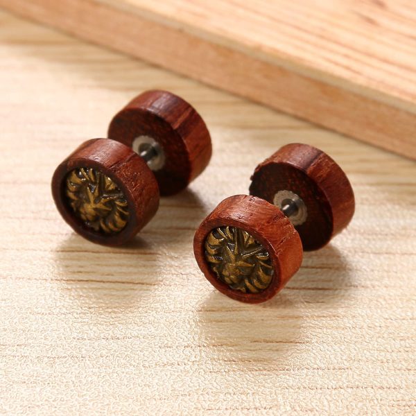 Flongo Boucles d’Oreilles Acier Inoxydable Bois Rétro Arbre de Vie Lion Tête Fantaisie Clous d’Oreilles Couleur Marron pour Homme Femme