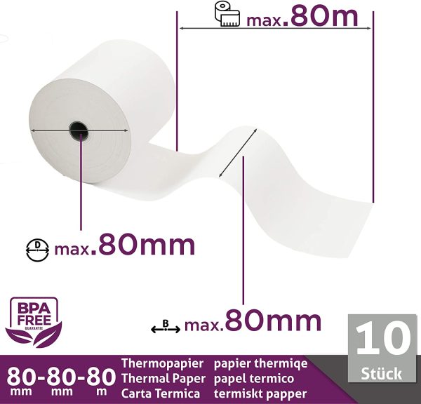 Rouleaux thermiques 80mm x 80m x 12mm ??Bobine papier thermique pour caisse enregistreuse avec imprimante de ticket - Rouleau thermique 80x80x12 - Sans BPA (10 Rouleaux) – Image 3