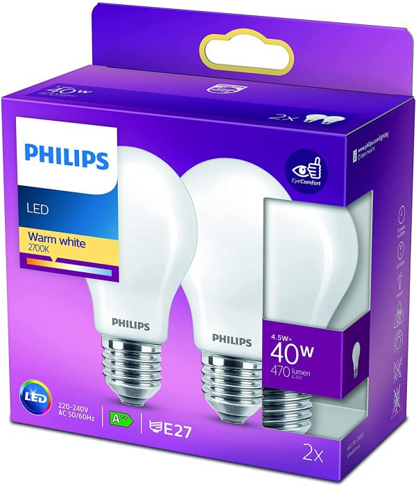 Philips ampoule LED Standard E27 40W Blanc Chaud Dépolie, Verre, lot de 2