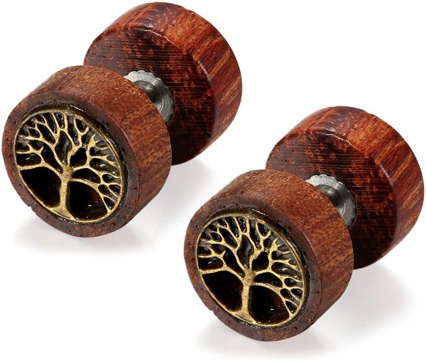 Flongo Boucles d’Oreilles Acier Inoxydable Bois Rétro Arbre de Vie Lion Tête Fantaisie Clous d’Oreilles Couleur Marron pour Homme Femme – Image 5