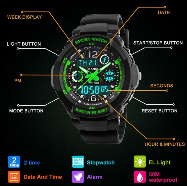 Digital Montres pour Enfants garçons - 50 m étanche Sports de Plein air Montre analogique avec Alarme/minuteur/Double Fuseau horaire/lumière LED pour Enfant