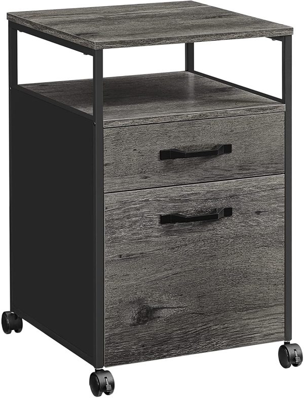 Caisson de Bureau 2 tiroirs, Placard de Rangement Mobile, avec roulettes, Emplacement Ouvert, Style Industriel, Gris Anthracite et Noir OFC071B04 – Image 7