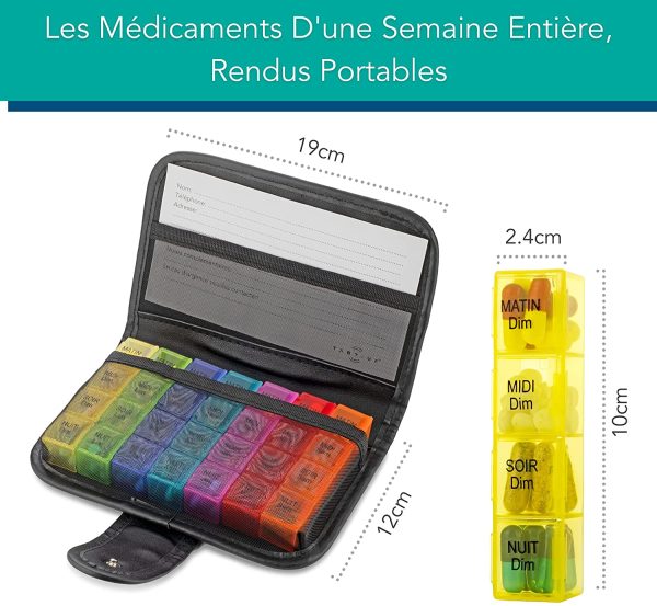 Pilulier avec sacoche noire (Français) Tabtime, hebdomadaire 7 jours pilulier avec 28 compartiments pour vitamines, suppléments et médicaments – Image 5