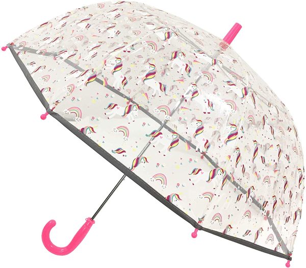 SMARTBULLE Parapluie Enfant Transparent Cloche - Bordure Fluorescente : Résistant au Vent ; Diamètre=71cm ; Ouverture Manuel ; Parapluie Fille ; Motif : Licorne