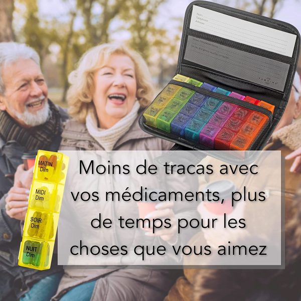 Pilulier avec sacoche noire (Français) Tabtime, hebdomadaire 7 jours pilulier avec 28 compartiments pour vitamines, suppléments et médicaments – Image 4