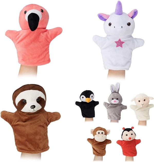 Relaxdays marionnettes pour Enfants, Lot de 8 Animaux, Singe, Licorne, Paresseux, Flamant, poupées, Peluche, colorés ,, 8er Set Tiere – Image 7