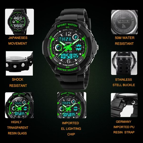 Digital Montres pour Enfants garçons - 50 m étanche Sports de Plein air Montre analogique avec Alarme/minuteur/Double Fuseau horaire/lumière LED pour Enfant – Image 3