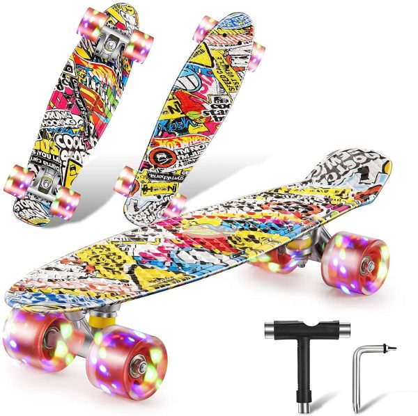 Colmanda Skateboard Complet, Mini Cruiser Board, 22" 55 cm Skateboard Planche à roulettes avec 4 Roues en PU Lumières LED, Roulement ABEC-7, Mini Cruiser Rétro pour Enfants, Garçons, Filles – Image 3