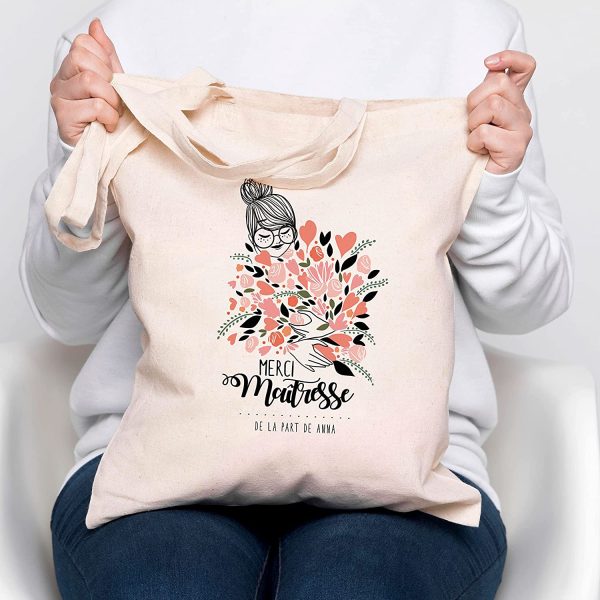 Tote bag Maitresse, Nounou ou ATSEM personnalisé (prénom) ton rose - Illustratrice française