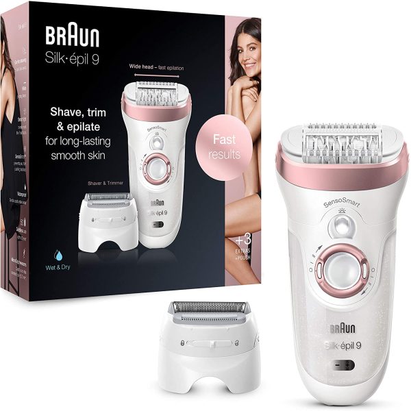 Braun Silk-épil 9 Épilateur Électrique Femme, Tête De Rasage Et Tondeuse Blanc/Or Rose, Technologie De Pincettes Micro-Grip, Accessoire Massage Haute Fréquence, Wet & Dry, 9-720 – Image 6