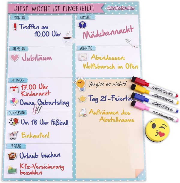 aeioubaby.com Planning de la Semaine Magnétique, 4 Feutres de Couleur, 12 Aimants, 1 Effaceur | Calendrier Frigo Allemand 43x32cm Tableau Cuisine Organiseur Rappel Liste de Courses Menu Boîte Cadeau