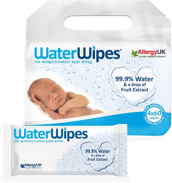 WaterWipes Lingettes Bébé pour Peaux Sensibles, 4 Paquets de 60 (240 Lingettes)