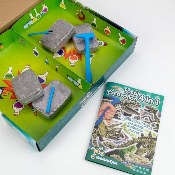 Science4you - Kit de Fouille de Fossiles 4 en 1 pour enfants 5 6 7 8 9 10 Ans - Excaver et assembler 4 dinosaures, 46 pièces: T-Rex, Triceratops, Velociraptor et Stegosaurus - Jouet Idéal pour Filles et Garçons