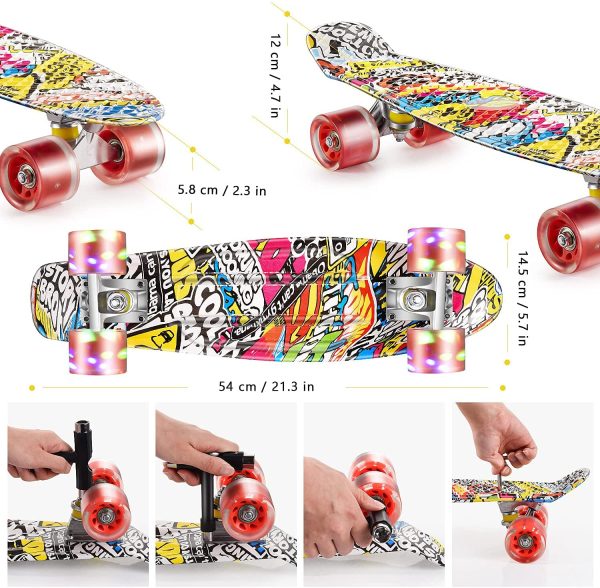 Colmanda Skateboard Complet, Mini Cruiser Board, 22" 55 cm Skateboard Planche à roulettes avec 4 Roues en PU Lumières LED, Roulement ABEC-7, Mini Cruiser Rétro pour Enfants, Garçons, Filles – Image 7