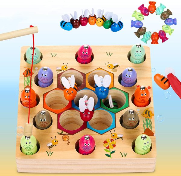 Jouets en Bois Jeu de pêche(Brevet Autorisé),Jouet Enfant Montessori 2 en 1,Compétences Fines,Poisson et Abeille pour Bébés Cadeau – Image 6