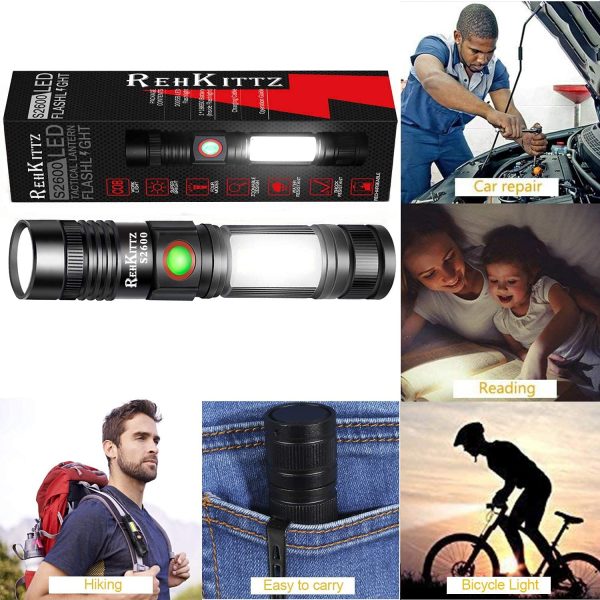 Torche Lampe de Poche LED USB Rechargeable Puissante Militaire Lampe COB Portable Zoomable Torche pour Auto Garage Atelier Camping Bricolage (Pile Rechargeable incluse & Magnétique au Bas) – Image 7