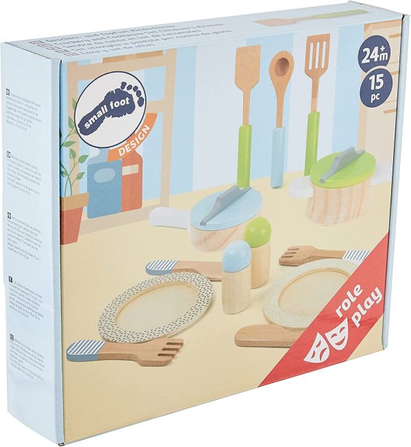 Small Foot 11098 Service de table et lot de casseroles en bois enfants, complément parfait à toute cuisine de jeu, 15 pièces Jouets, multicolore – Image 4