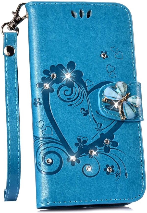 Coque Samsung Galaxy A40 Pochette Portefeuille en Cuir,Luxe Glitter Diamant Cœur Motif Coque à Rabat Magnetique PU Housse Etui de Protection Stand Flip Case pour Galaxy A40,Bleu – Image 7