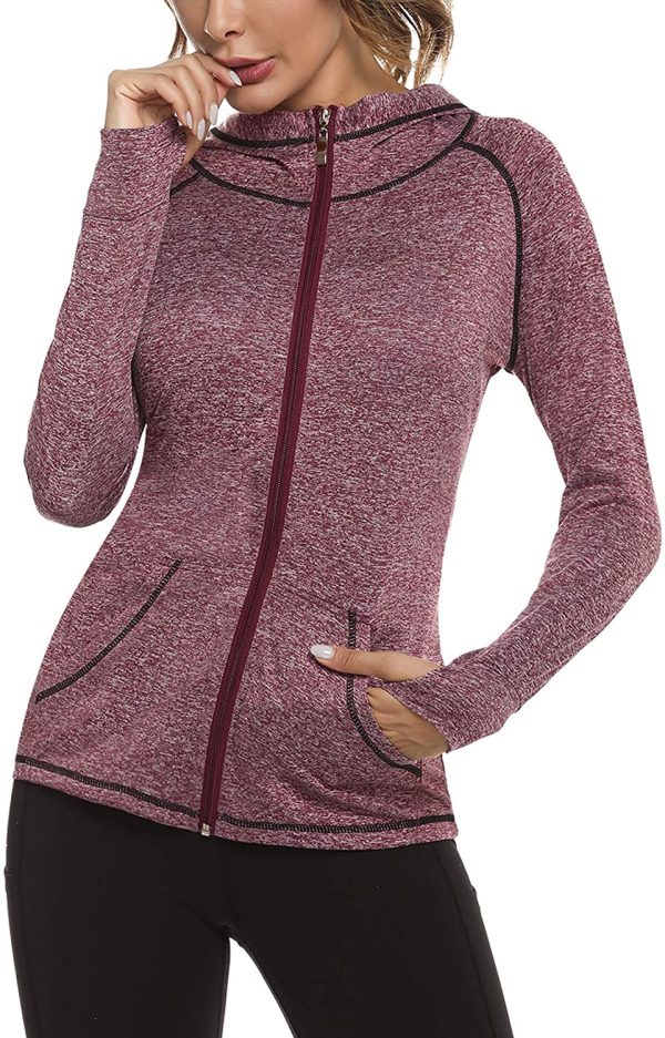 Sykooria Veste de Sport Femme Running Longue Sweat Sport Femme à Manches Longues avec Poches Léger Veste a Capuche Femme Zippé pour Fitness Running Yoga – Image 4