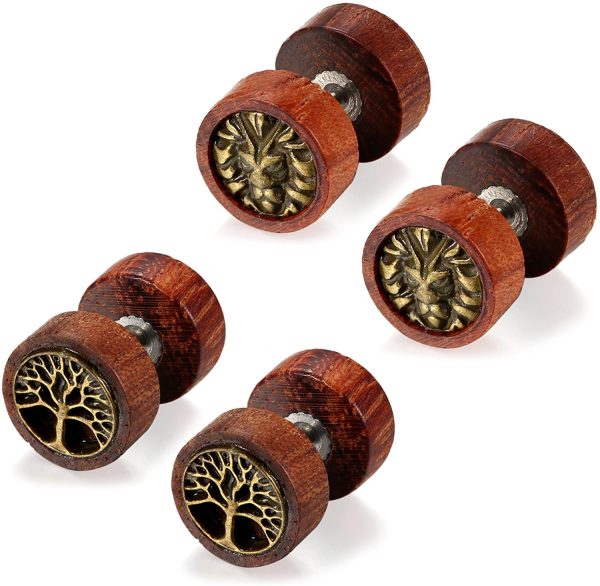 Flongo Boucles d’Oreilles Acier Inoxydable Bois Rétro Arbre de Vie Lion Tête Fantaisie Clous d’Oreilles Couleur Marron pour Homme Femme – Image 2