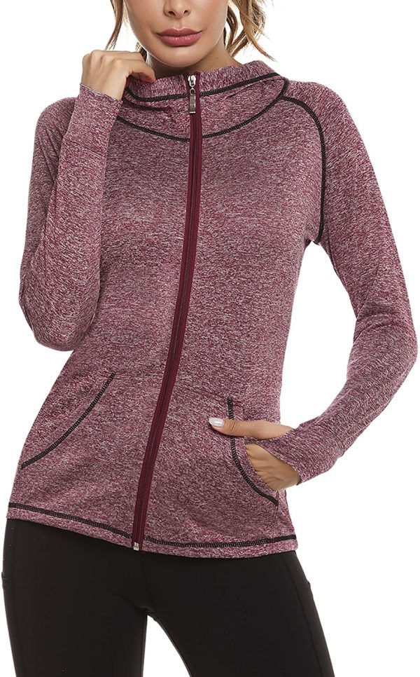 Sykooria Veste de Sport Femme Running Longue Sweat Sport Femme à Manches Longues avec Poches Léger Veste a Capuche Femme Zippé pour Fitness Running Yoga – Image 5