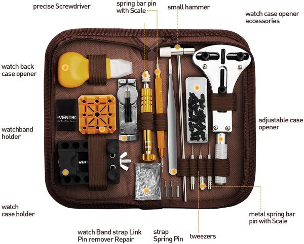 Eventronic Kit de Réparation de Montre+Presse de Boîtier Montre, Ensemble D'outils de Barre de Ressort Professionnel, Outil Montre pour Fermeture La Table Arrière De Montre 12 Tailles de Moules