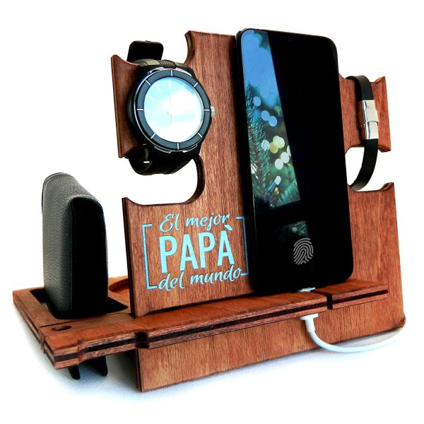 Gretaoto Design Docking Station for Men, Wooden Desk Organizer, Light Blue"El Mejor Papà del Mundo" Engraving - Smartphone Stand, Nightstand Holder (Cherry-Light Blue) – Image 6