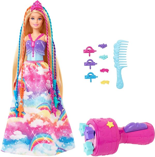 Barbie Dreamtopia poupée Princesse Tresses Magiques aux longs cheveux blonds avec extensions multicolores, peigne et accessoires, jouet pour enfant, GTG00