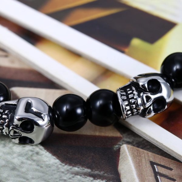 Flongo Bracelet Charme pour Homme Garçon, Bracelet Perles Boules Verre Acier Inoxydable Tête de Mort Crâne Couleur Argent Noir Fantaisie Cadeaux Anniversaire Noël Halloween – Image 2