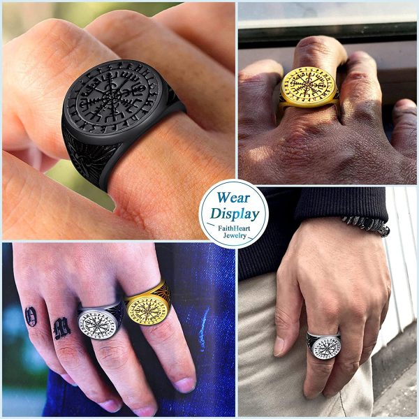 FaithHeart Bague Vegvisir Homme Chevalière Viking Boussole Vegvisir Nordique Acier Inoxydable/Or/Noir Taille 54-72 Bijoux Porte Bonheur Motard Biker Cadeaux pour Ado Garçons Femme (Boîte Cadeau) – Image 4