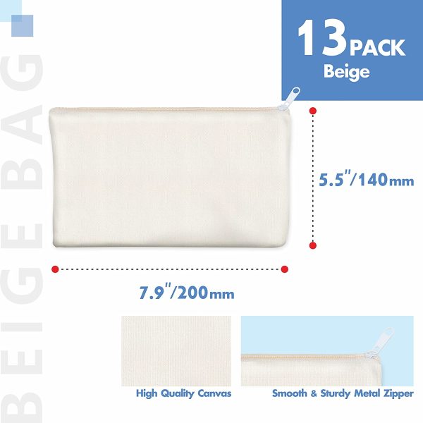 13 Packs Sacs Pochettes Trousse de Maquillage Trousse de Toilette Toile de Coton Vierge Artisanat Fermeture-éclair Cosmétique Rangement Fixe (Beige, 20 x 14 cm) – Image 4