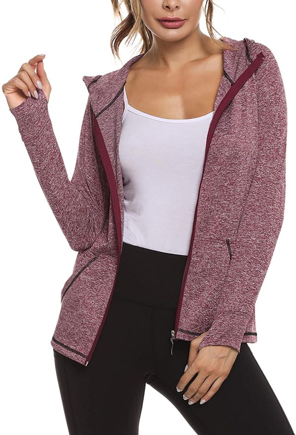 Sykooria Veste de Sport Femme Running Longue Sweat Sport Femme à Manches Longues avec Poches Léger Veste a Capuche Femme Zippé pour Fitness Running Yoga