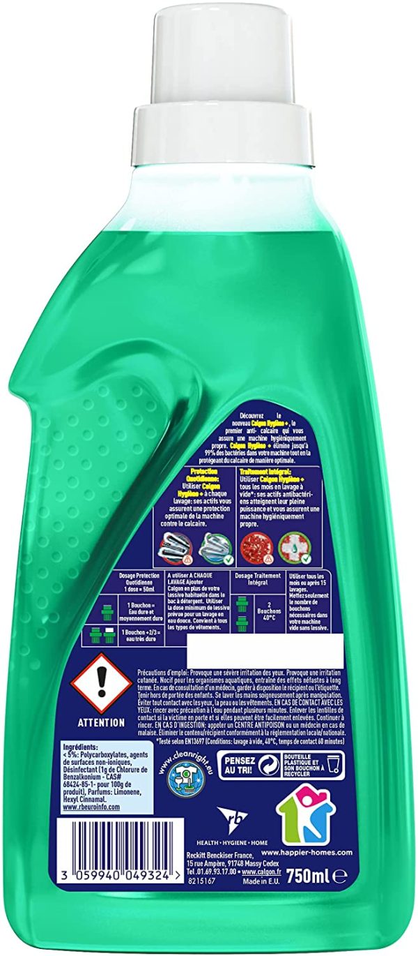 Calgon Gel Hygiène Plus Anticalcaire et Antibactérien- Nettoyant et Anti odeur pour Lave-Linge (750 ml) – Image 3