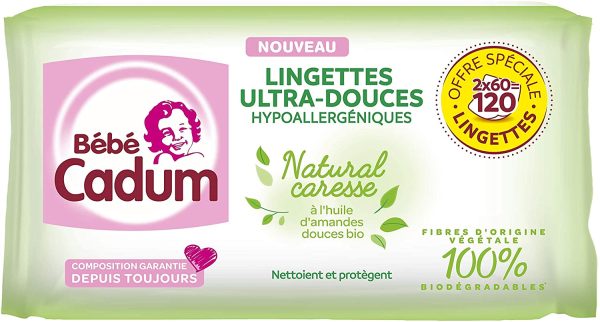 Bébé Cadum Lingettes à l'Huile d'Amande Douce Bio, Pour Visage, Corps et Mains, Hypoallergéniques, Lot de 8 x 120 Lingettes