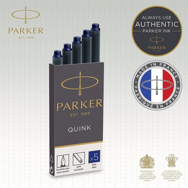 Parker cartouches d'encre pour stylo plume | longue | encre bleue QUINK | Lot de 5