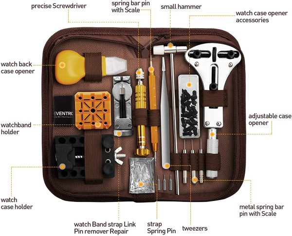 Eventronic Kit de Réparation de Montre, Ensemble D'outils de Barre de Ressort Professionnel, Ensemble D'outils de Broche de Lien de Bande de Montre avec étui de Transport (Noir&Marron) – Image 5