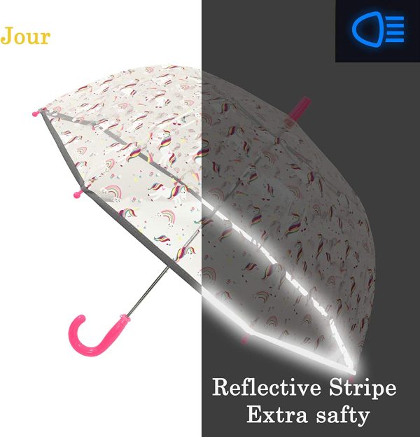 SMARTBULLE Parapluie Enfant Transparent Cloche - Bordure Fluorescente : Résistant au Vent ; Diamètre=71cm ; Ouverture Manuel ; Parapluie Fille ; Motif : Licorne – Image 8