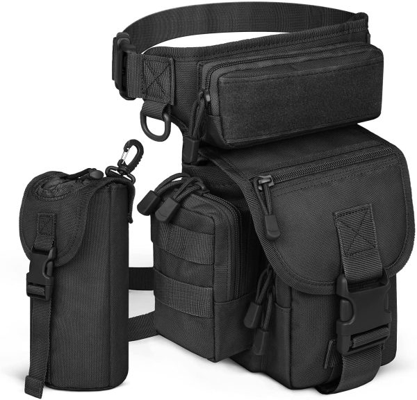 flintronic Sac de Jambe Tactique avec Porte-Bouteille, Imperméable Sac a Outils Sac de Cuisse Banane Militaire Molle Sac de Taille Multifonctionnel pour Randonnée Voyage Moto Cyclisme Pêche Chasse – Image 3