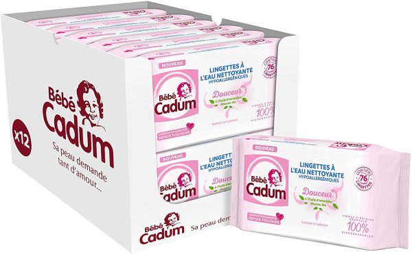 Bébé Cadum - Lingettes à l'Eau Nettoyante & Huile d'Amande Douce Bio - Pour Visage, Corps et Mains - Hypoallergéniques - Lot de 12 x 76 Lingettes – Image 3