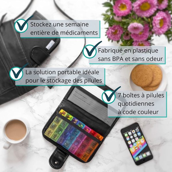 Pilulier avec sacoche noire (Français) Tabtime, hebdomadaire 7 jours pilulier avec 28 compartiments pour vitamines, suppléments et médicaments – Image 6