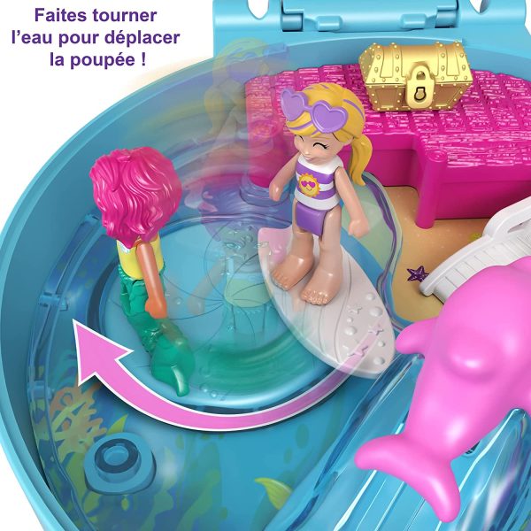 Polly Pocket Coffret Univers La Plage des Dauphins, mini-figurines Polly et sirène, 5 surprises et 12 accessoires, jouet pour enfant, GTN20